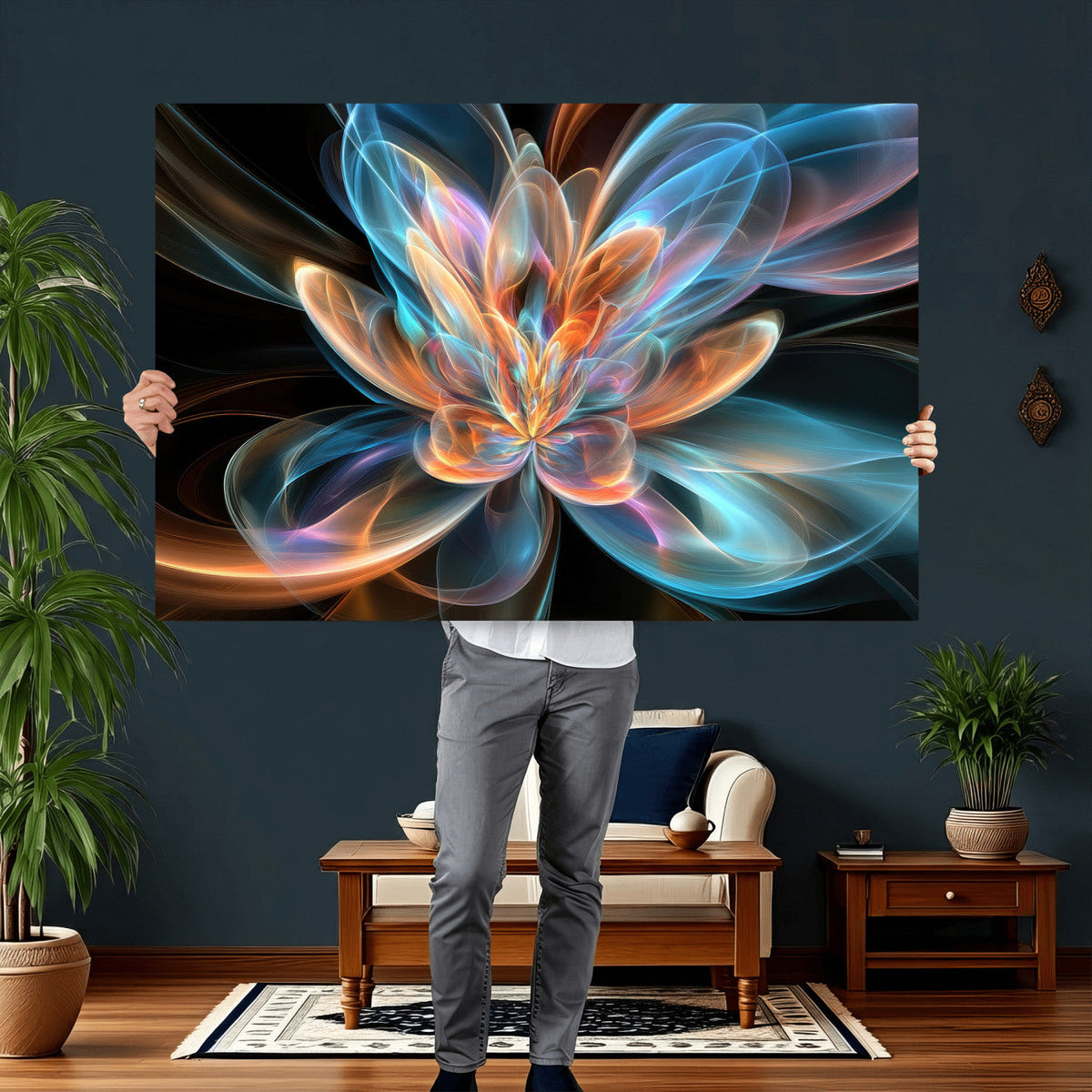 Fractal Lotus Canvas Wall Art, Blue Orange Glowing Flower Abstract Print