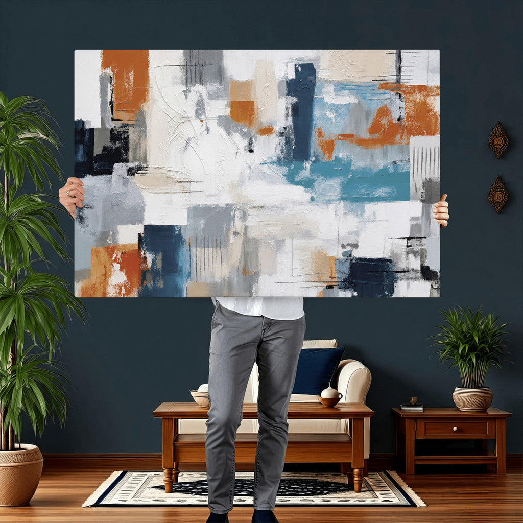 Blue Teal Abstract Canvas Wall Art, Modern Brushstroke Style Print, Navy Orange Contemporary Decor