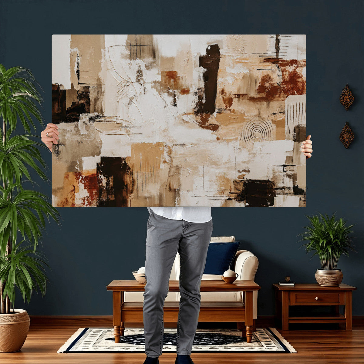 Blue Teal Abstract Canvas Wall Art, Modern Brushstroke Style Print, Navy Orange Contemporary Decor