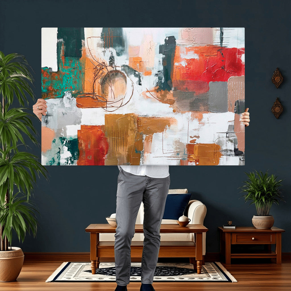 Blue Teal Abstract Canvas Wall Art, Modern Brushstroke Style Print, Navy Orange Contemporary Decor