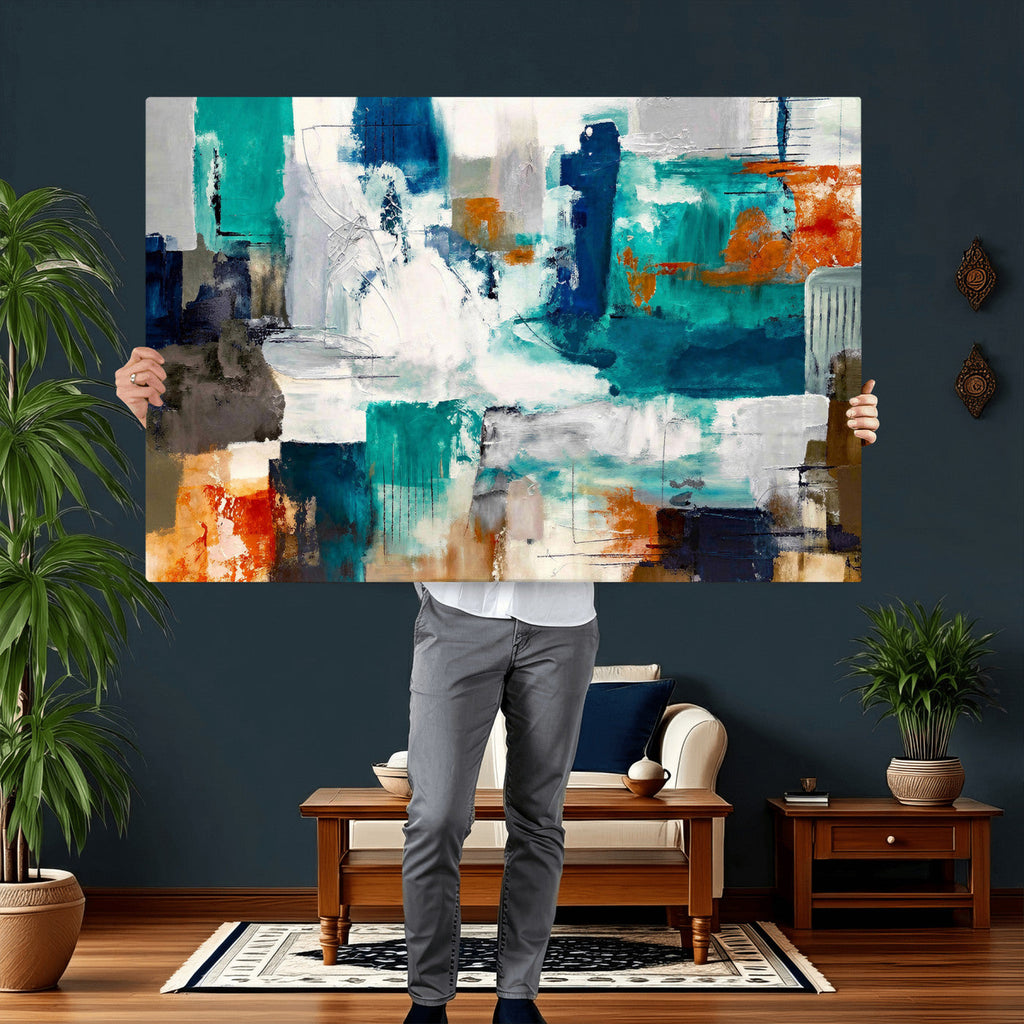 Blue Teal Abstract Canvas Wall Art, Modern Brushstroke Style Print, Navy Orange Contemporary Decor