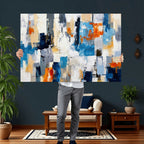 Blue Teal Abstract Canvas Wall Art, Modern Brushstroke Style Painting Print, Navy Orange Contemporary Decor