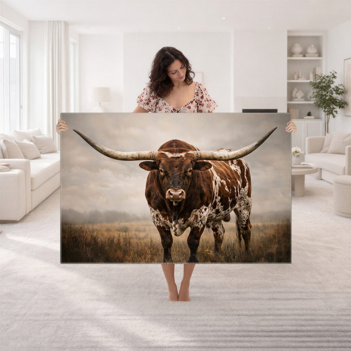 Texas Longhorn Wall Art Canvas Print | Brown Horned Bull Rustic Western Decor