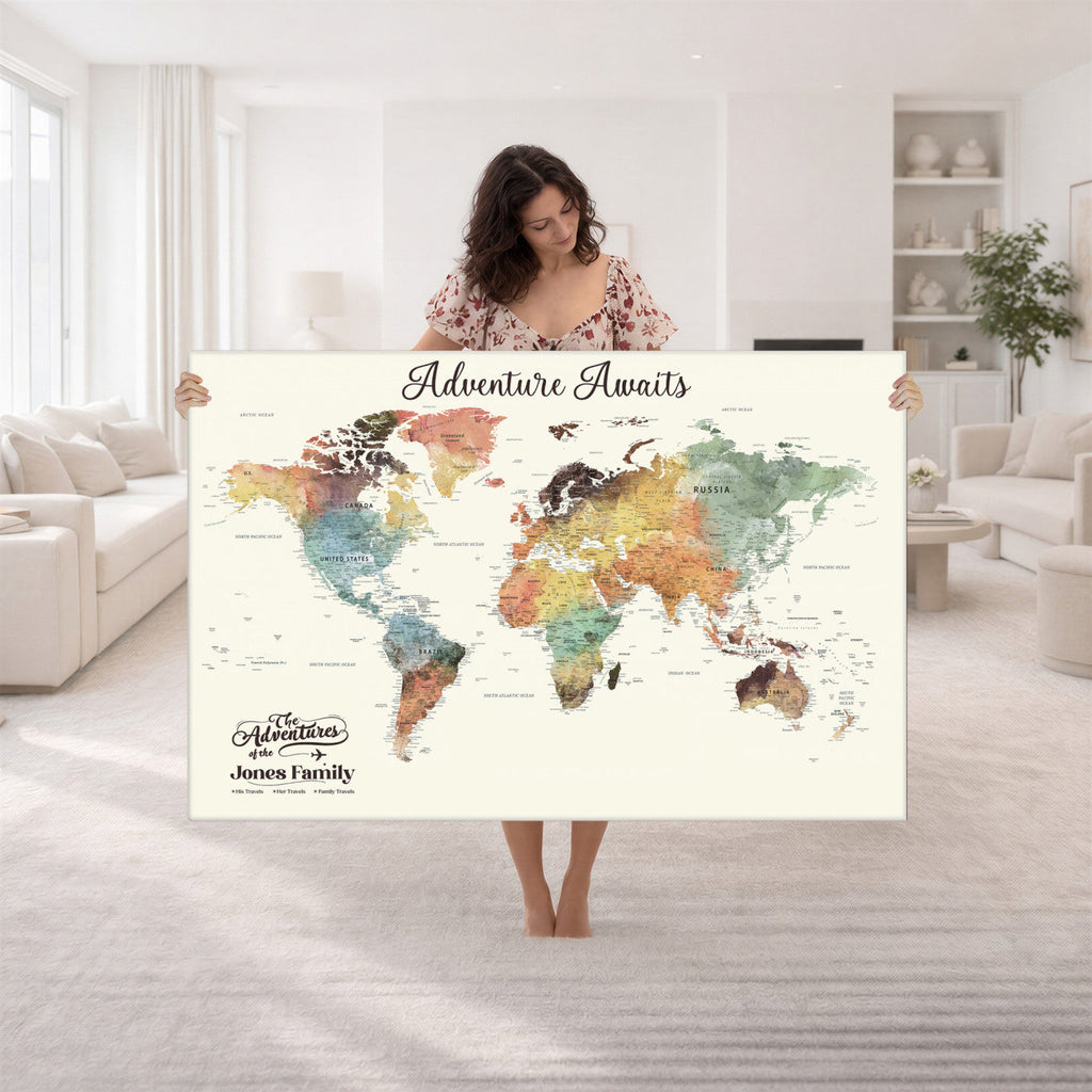 Personalized Framed Beige Modern Push Pin Travel Map Canvas Print, Family Travel Tracker, Bedroom and Home Office Decor