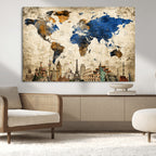World Map Canvas Print | Vintage Blue and Gold World Map Wall Art