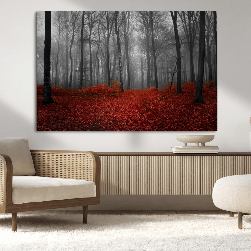 Red Forest Floor Canvas Wall Art | Mystical Foggy Woodland Triptych