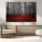 Red Forest Floor Canvas Wall Art | Mystical Foggy Woodland Triptych