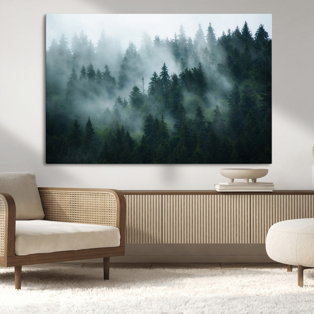 Misty Forest Wall Art | Serene Green Landscape Canvas Print