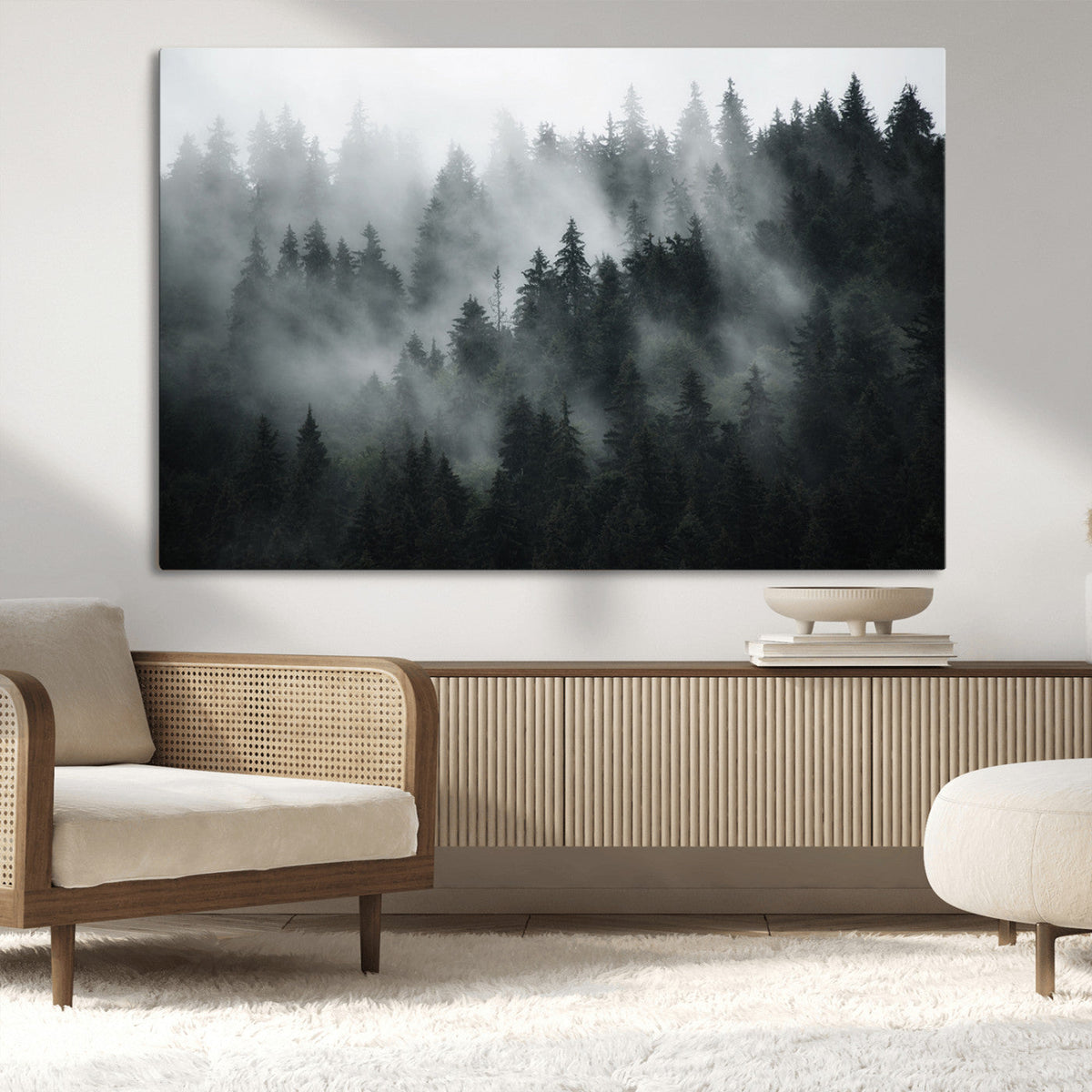 Foggy Forest Wall Art Canvas Print | 3 Panel Large Misty Landscape