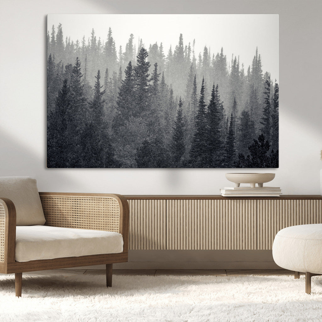 Misty Forest Canvas Wall Art | Monochrome Triptych Pine Tree Print