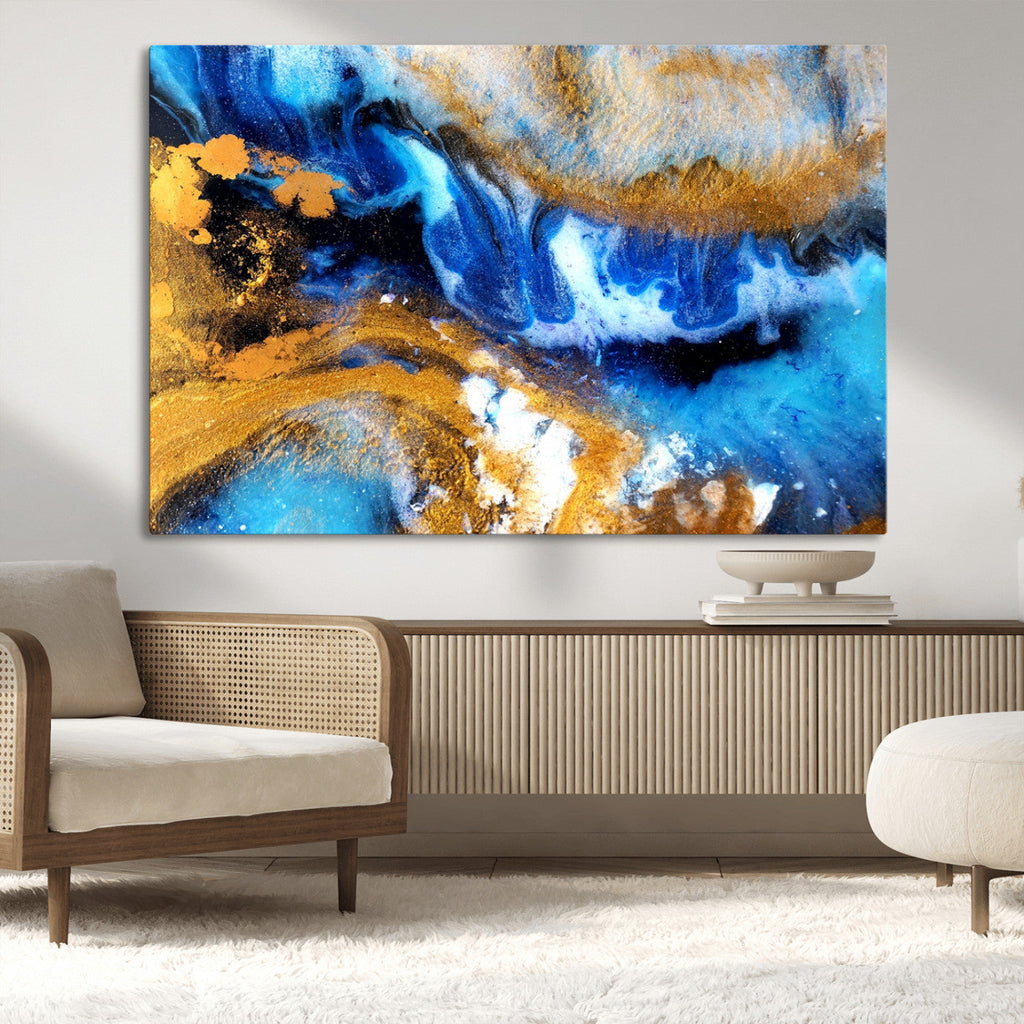 Blue Orange Marble Fluid Effect Canvas Wall Art Print