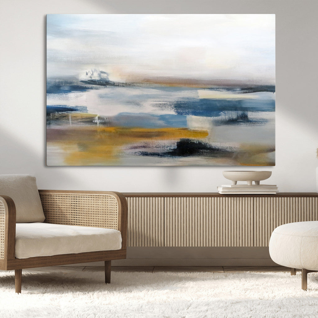 Abstract Landscape Wall Art Canvas | 3 Panel Modern Blue, Gold and White Canvas Art