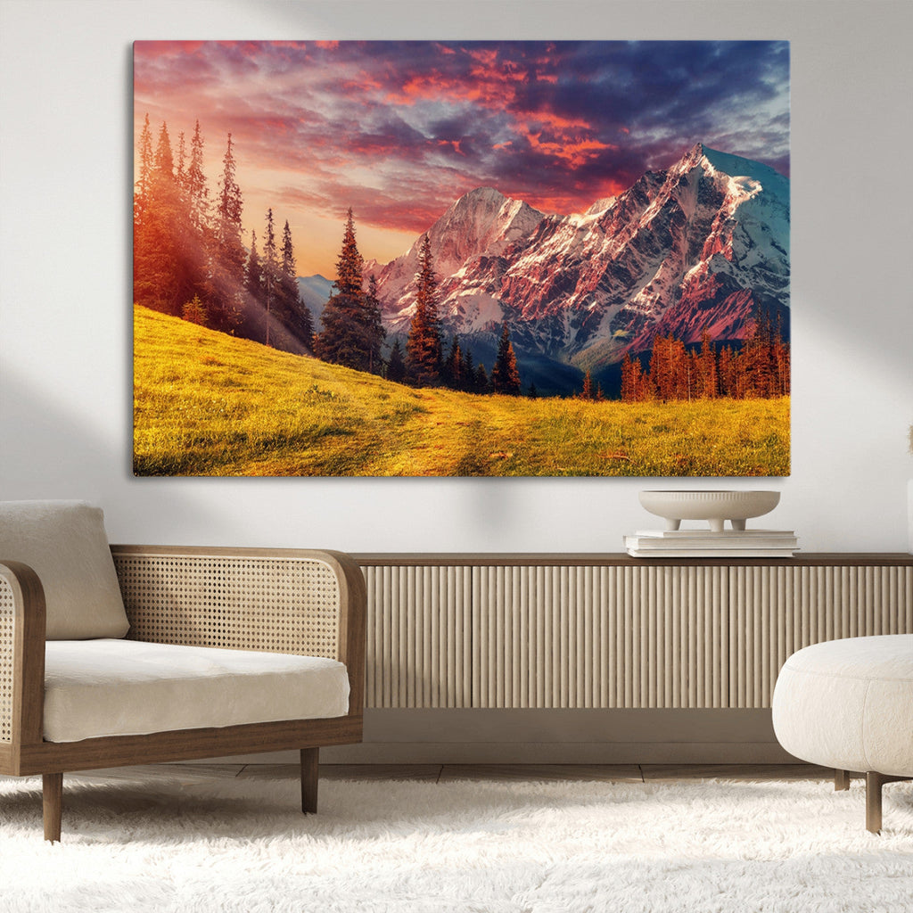 Mountain and Daylight Red Sunset Wall Art Canvas Print