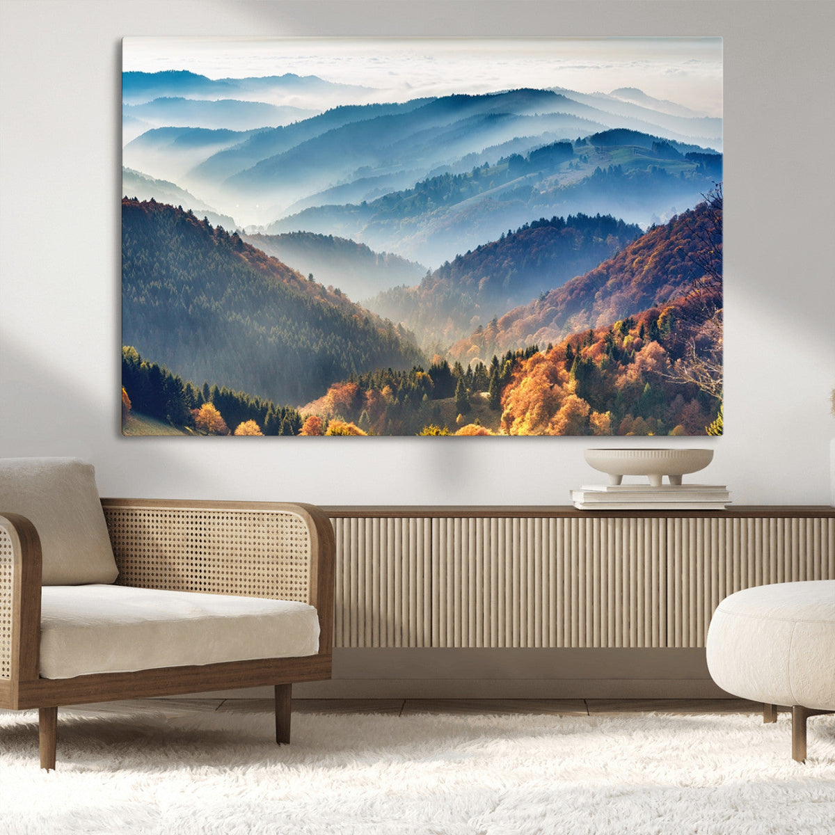 Misty Mountain Sunrise Triptych Canvas Print | Autumn Landscape Wall Art