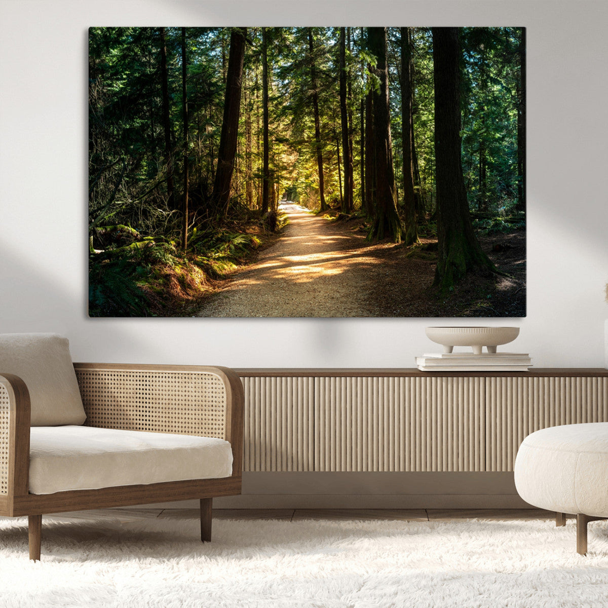 Sunlit Forest Pathway Canvas Print | 3 Panel Large Nature Wall Art