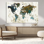 Vintage World Map Wall Art Canvas Print, Framed Rustic Earth Tone Map