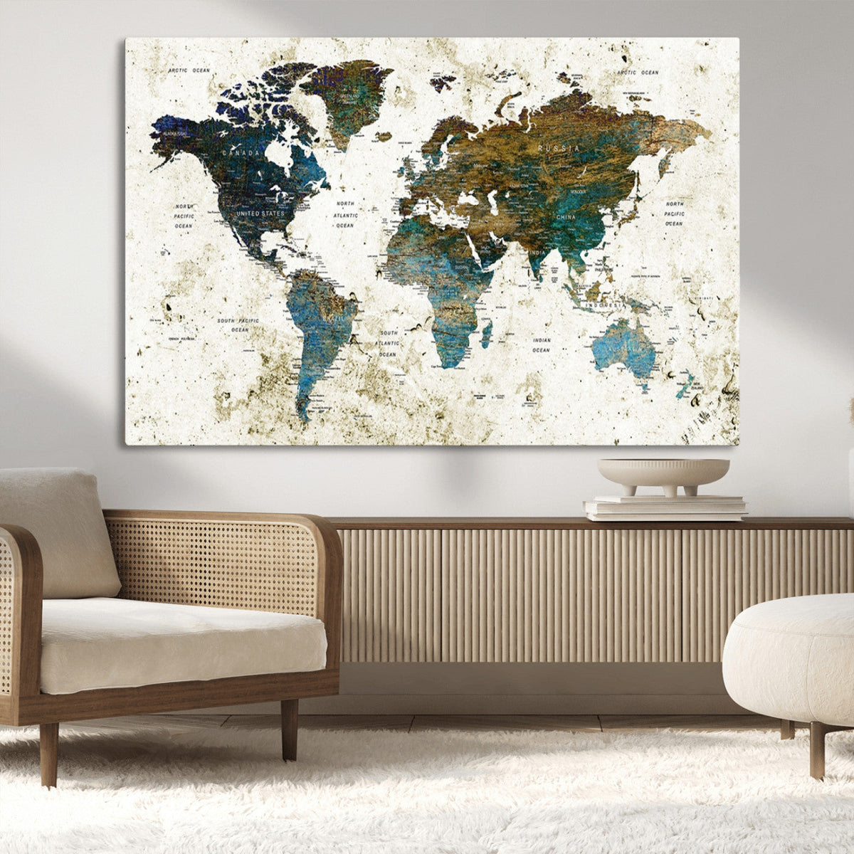 Vintage World Map Wall Art Canvas Print, Framed Rustic Earth Tone Map