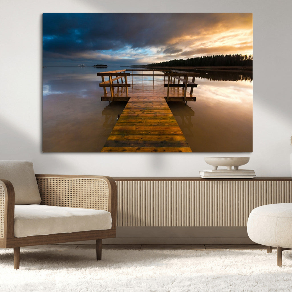 Serene Lake Pier at Sunset Canvas Print | Landscape Wall Art | Ready to Hang