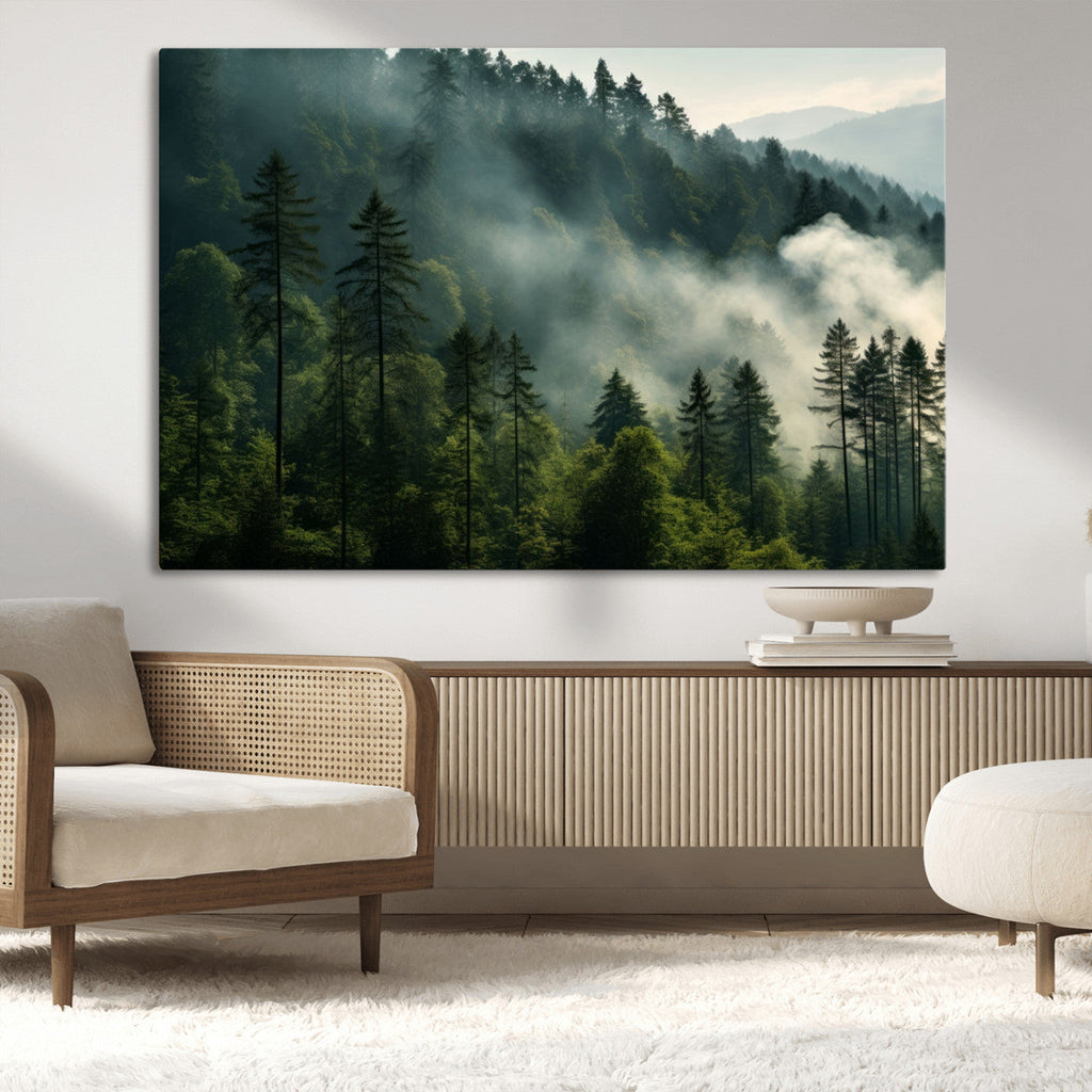 Misty Forest Wall Art Premium Canvas Print, Foggy and Serene Atmosphere