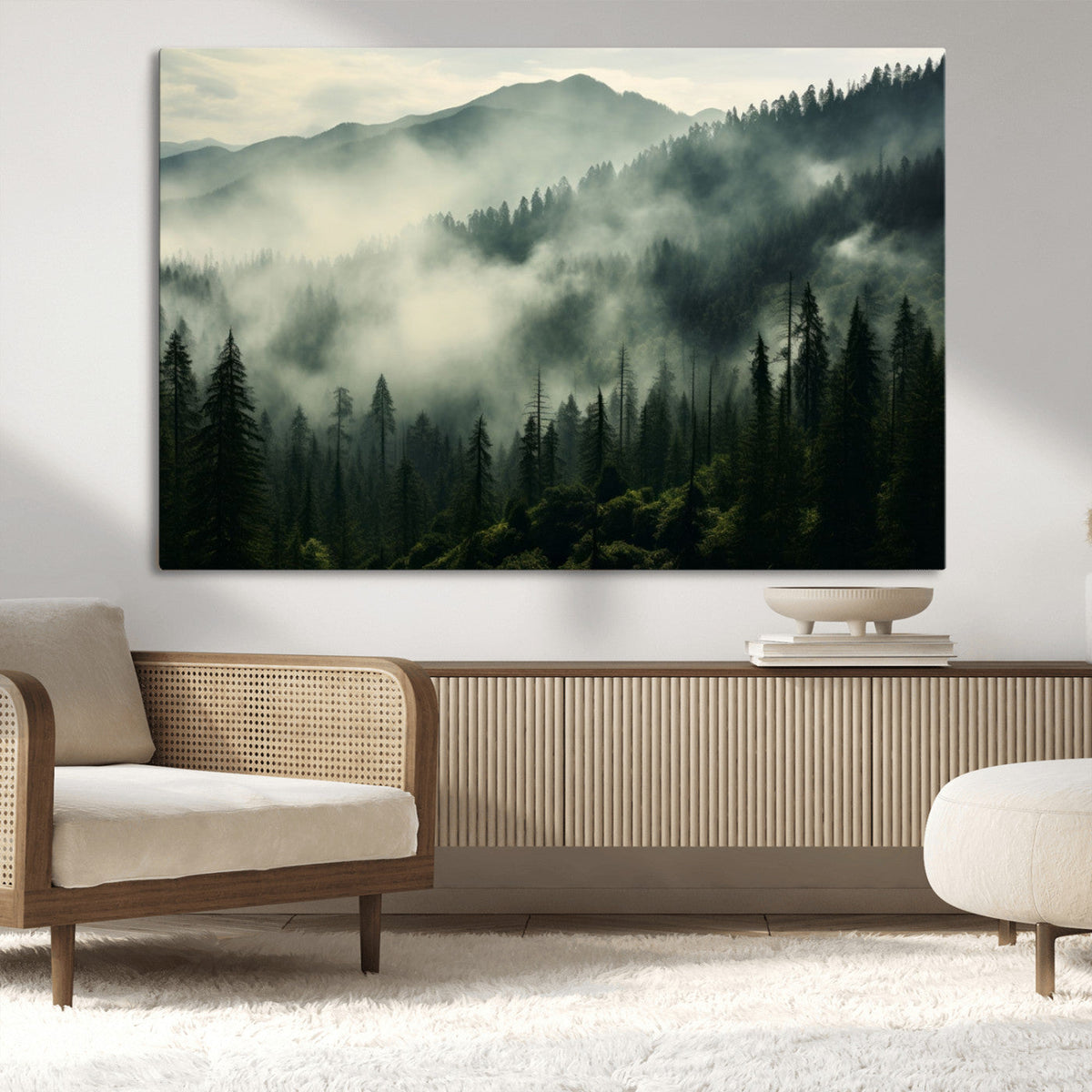 Captivating Misty Forest Wall Art Premium Canvas Print, A Foggy and Serene Atmosphere