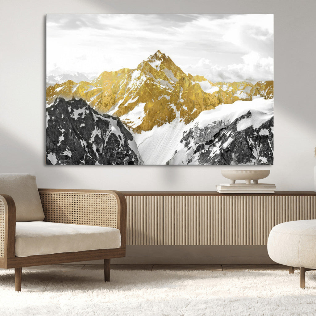 Gold Abstract Mountains Wall Art Print on Canvas, Nature Wall Art Print