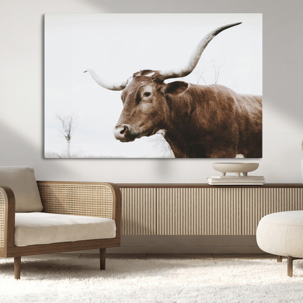 Rustic Bull Wall Art Canvas Print, Modern Longhorn Farmhouse Animal Decor