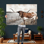 Vintage Texas Cow Wall Art Canvas Print, Rustic Longhorn