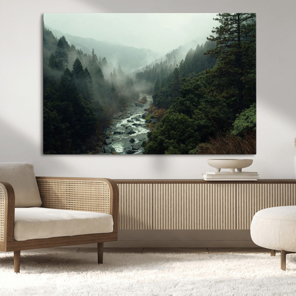 Misty Forest Wall Art, Tranquil Nature Landscape, Ready to Hang | Extra Large 3 Piece Canvas Wall Art