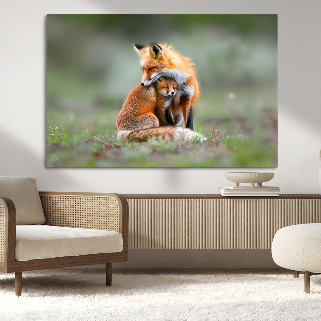 Heartwarming Fox and Baby Cub Wall Art | Canvas Print of Foxes in Nature