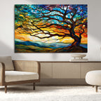 Vibrant Mosaic Tree of Life Wall Art, Stained Glass Style Canvas Print