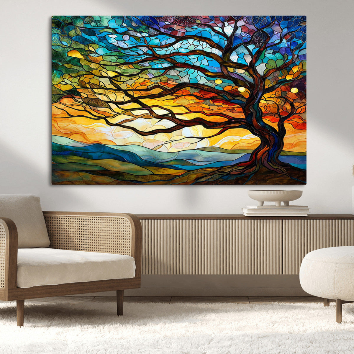 Vibrant Mosaic Tree of Life Wall Art, Stained Glass Style Canvas Print
