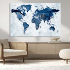 Modern Blue World Map Canvas Print | Elegant Travel Map Wall Art for Home Office