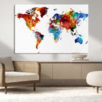 Colorful World Map Canvas Wall Art Print, Contemporary Global Map Artwork