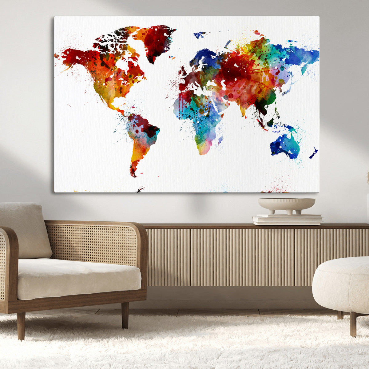 Colorful World Map Canvas Wall Art Print, Contemporary Global Map Artwork