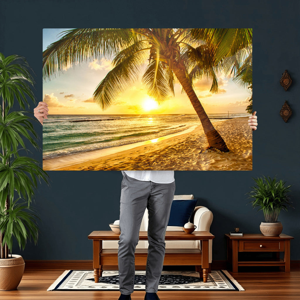 Beach Sunset Canvas Wall Art Print - Tropical Beach Canvas With Palm Trees