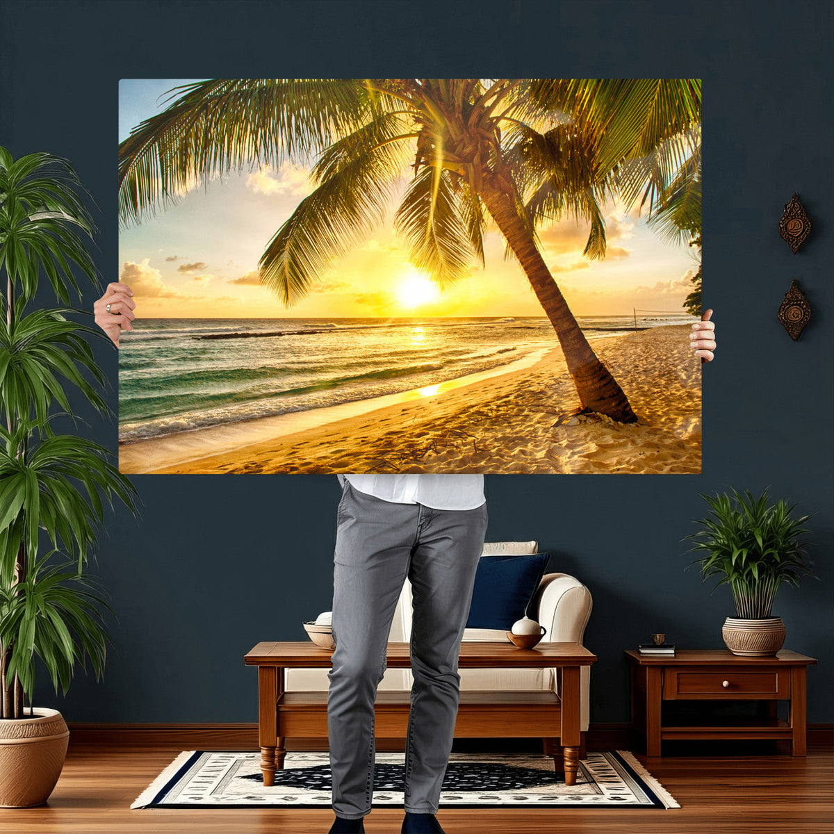 Beach Sunset Canvas Wall Art Print - Tropical Beach Canvas With Palm Trees