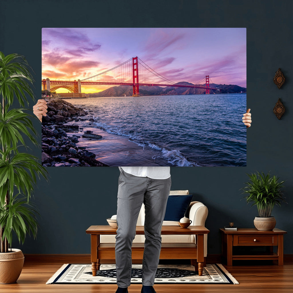 Golden Gate Bridge Wall Art Canvas Print, Framed San Francisco Sunset Landmark