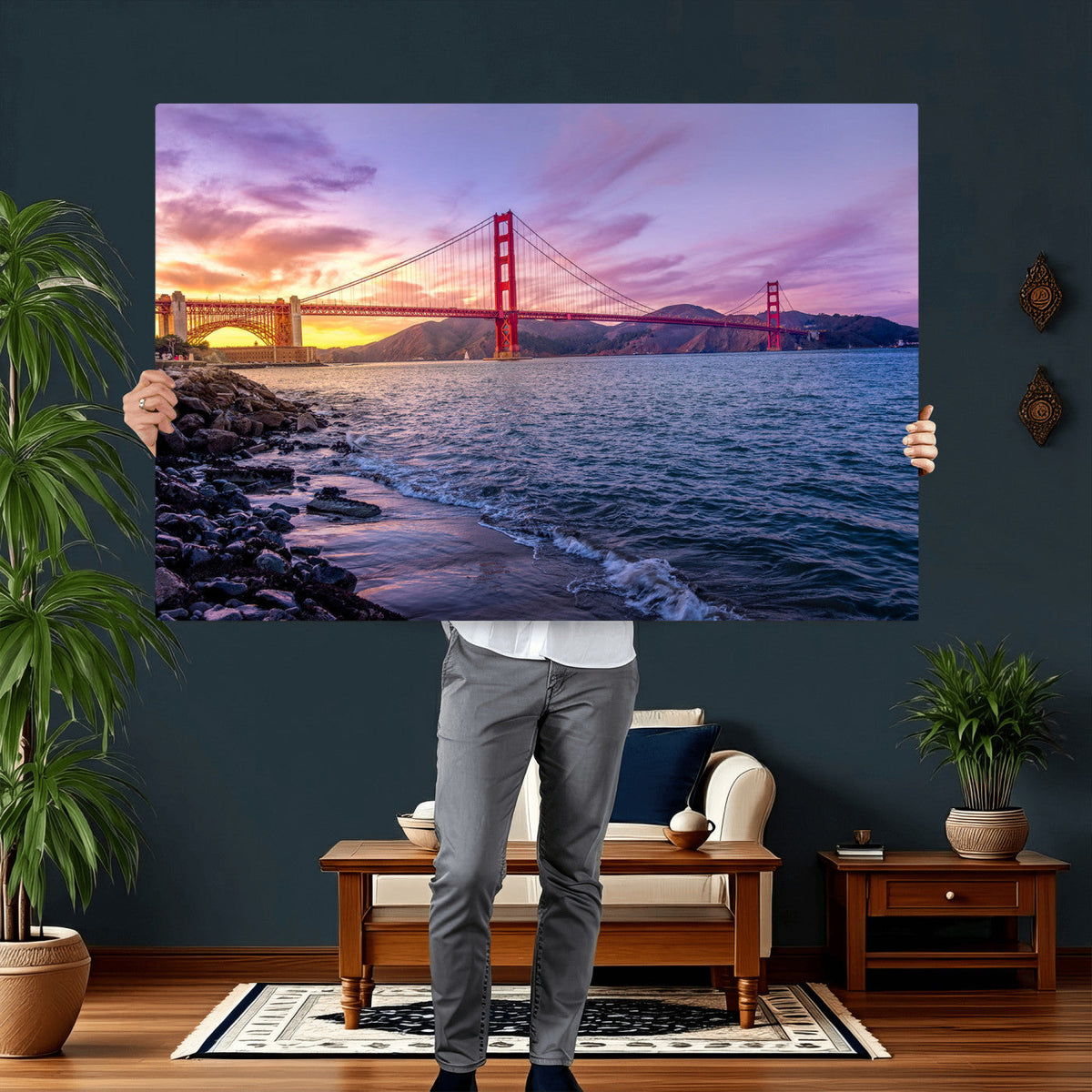 Golden Gate Bridge Wall Art Canvas Print, Framed San Francisco Sunset Landmark