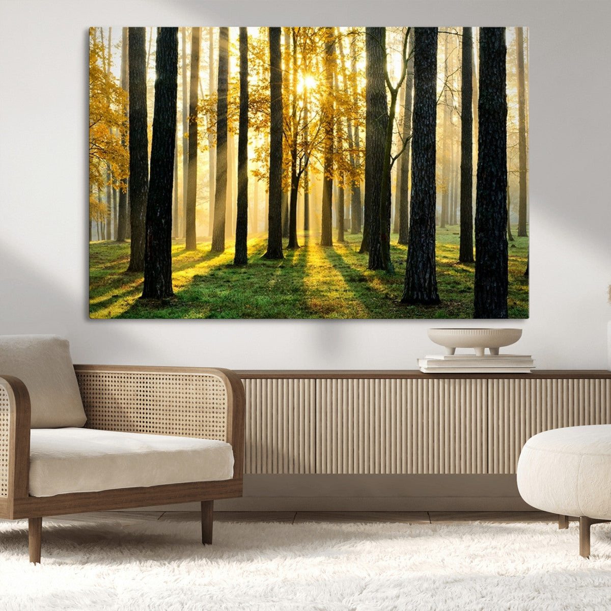Sunlit Forest Wall Art Canvas Print, Large Framed Woodland Scene with Golden Light