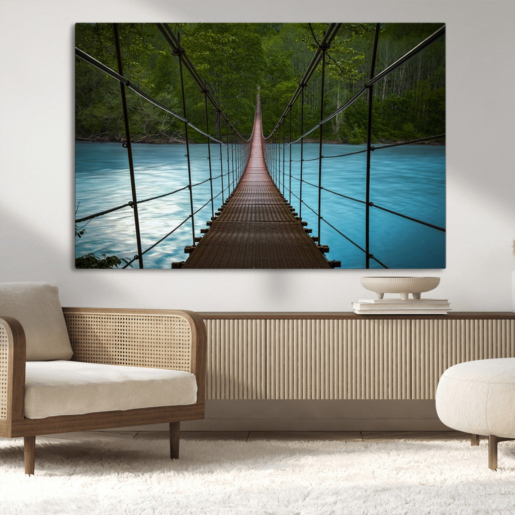 Suspension Bridge Over River Canvas Art | 3-Panel Nature Wall Art