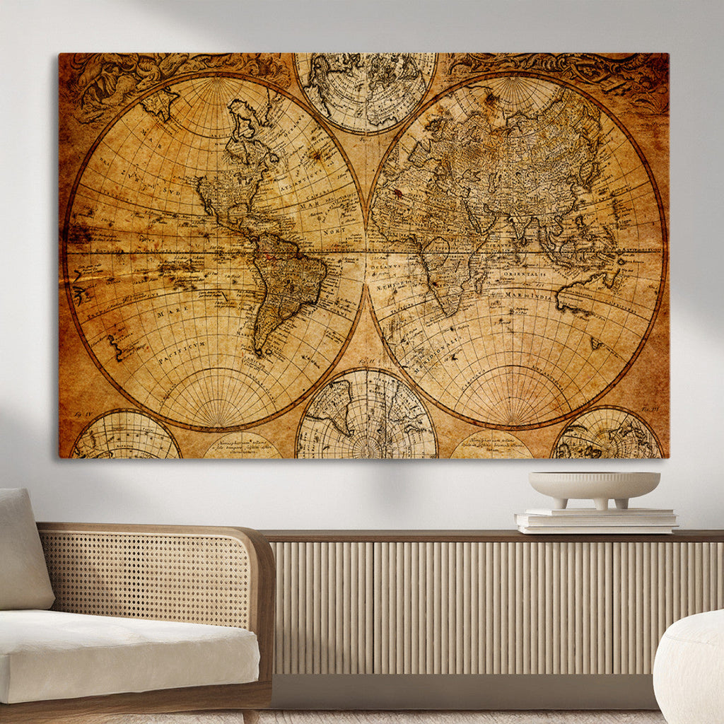 Vintage World Map Canvas Print | Antique Push Pin Travel Map