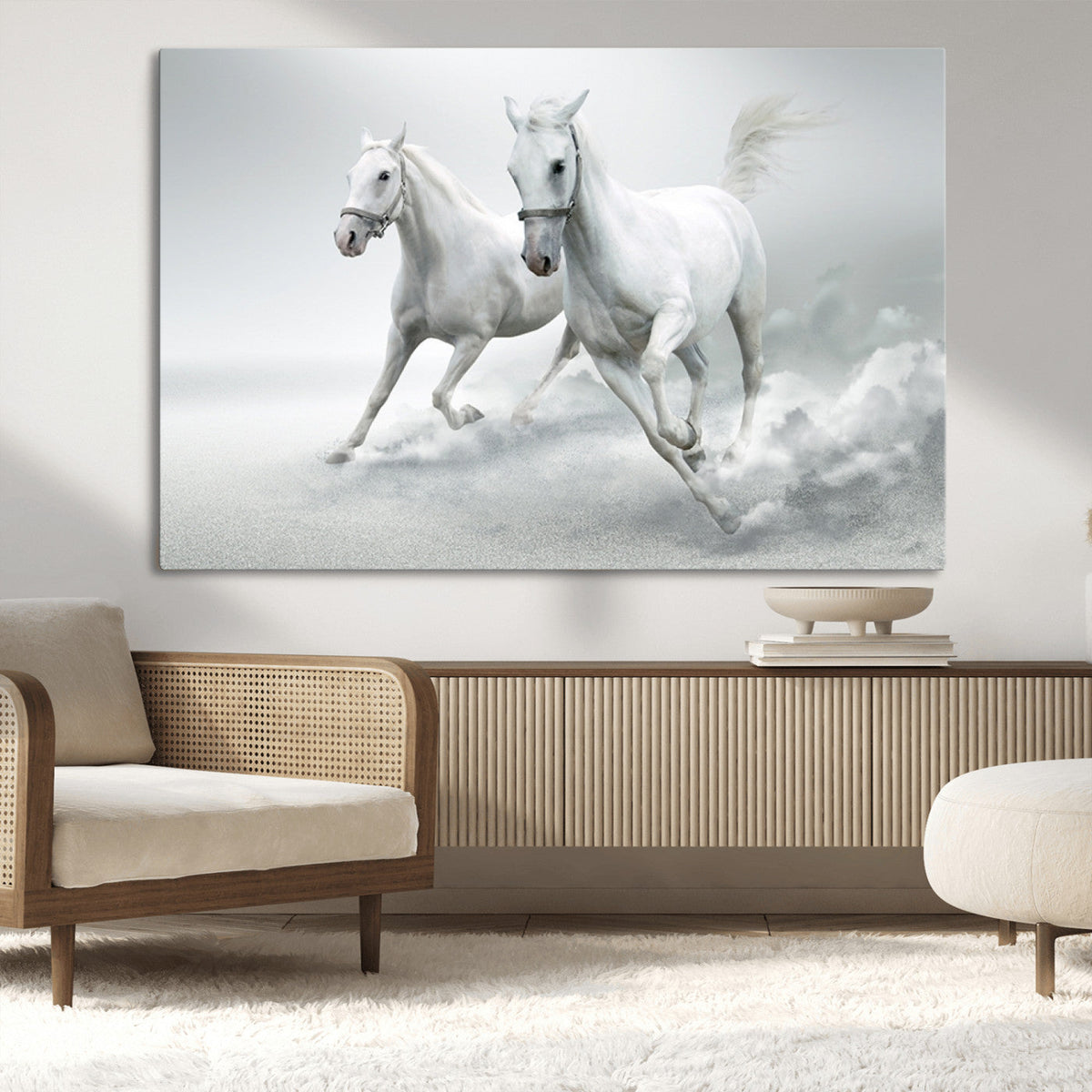 Large Wall Art Canvas Print, Beautiful Running White Horses