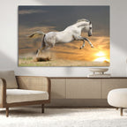 Large Wall Art Canvas Print, White Jumping Horse at Sunset