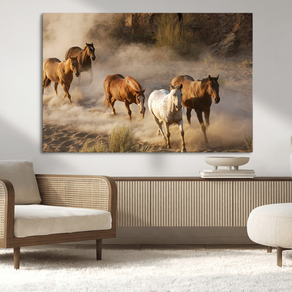 Large Wall Art 5 Horses Running on Sand Canvas Print