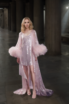 Ostrich Feather sequin mesh long robe dress with nightgown pink ivory-next day shipping