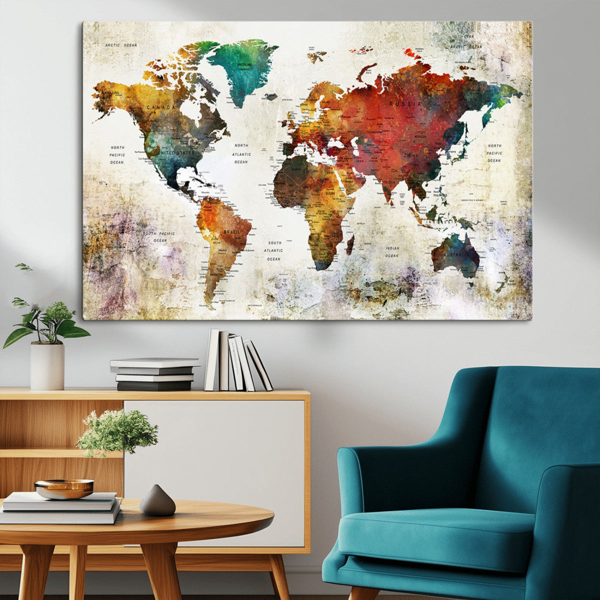 Watercolor World Map Canvas Print | Framed Travel Map Wall Art for Couples