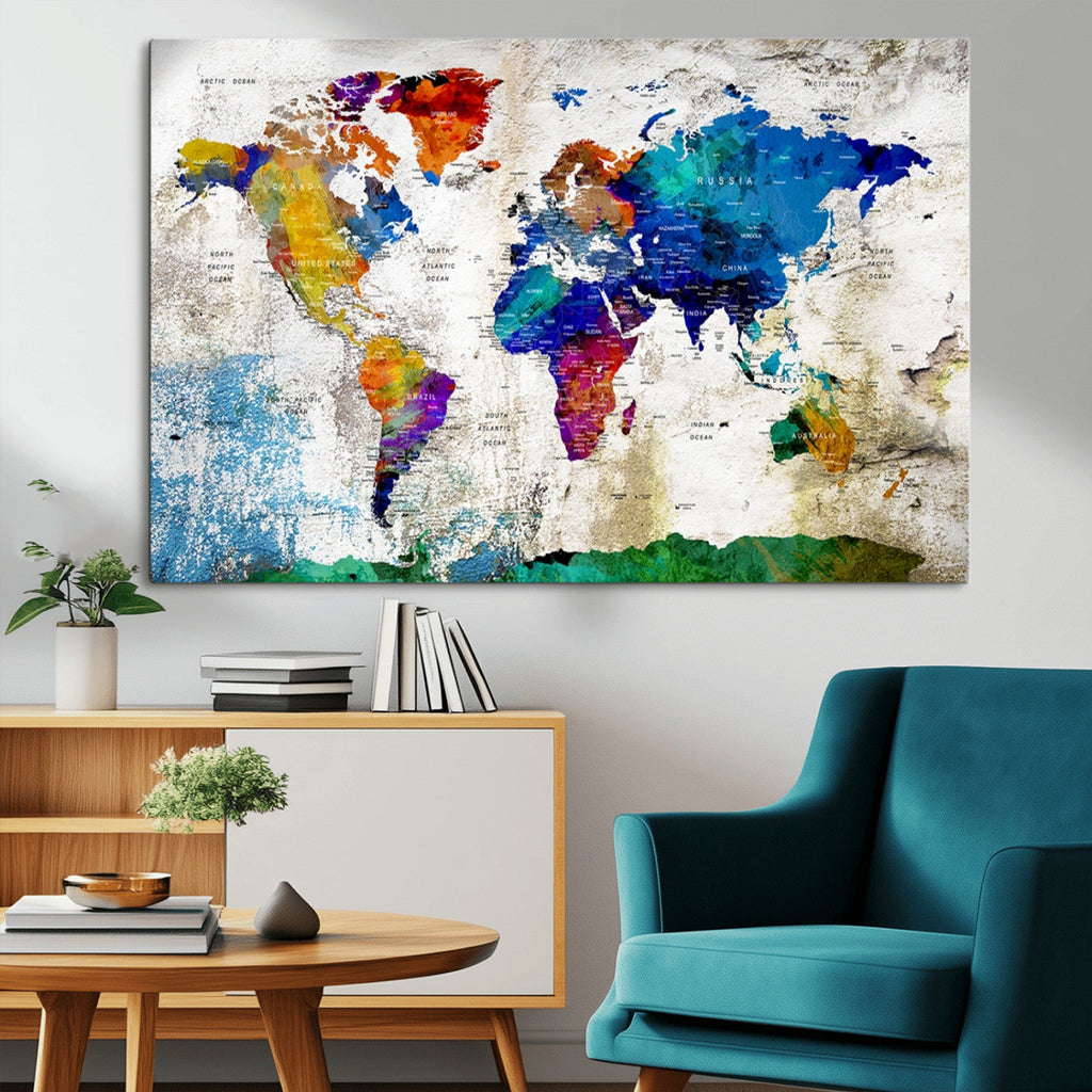 Navy Blue and Orange Watercolor World Map Canvas Print | Framed Travel Map