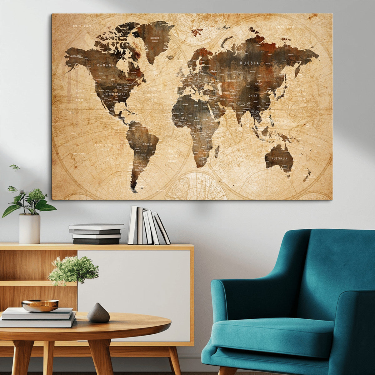 Push Pin World Map Canvas Print | Framed Travel Tracker Wall Art