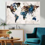 Abstract Earth Tone Blue World Map Canvas Print | Framed Travel Map Wall Art