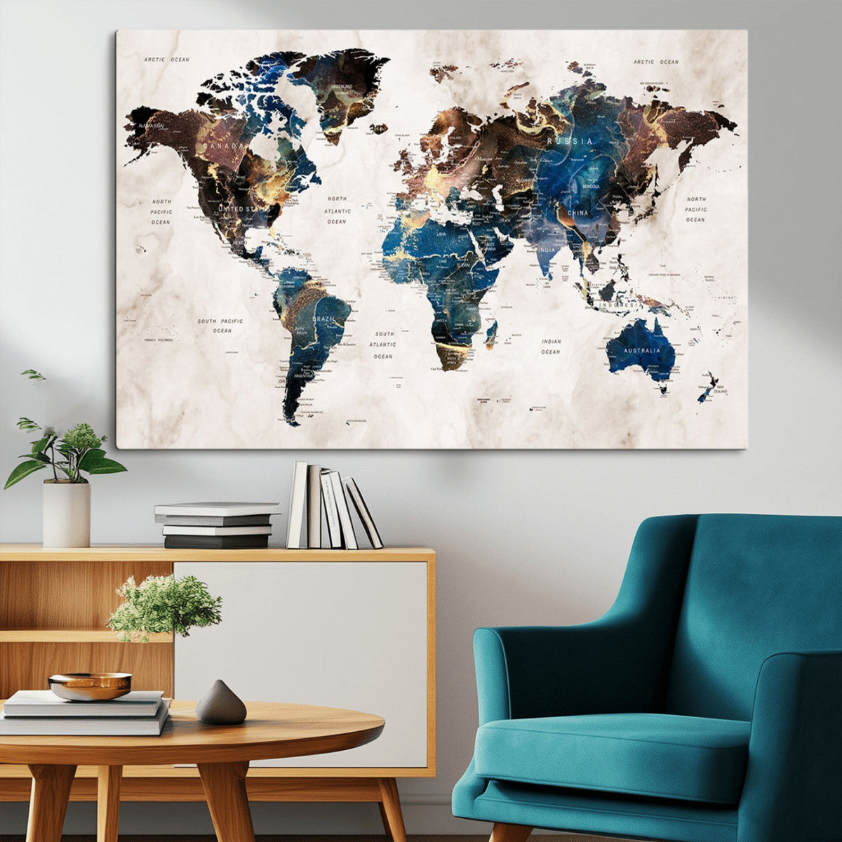 Abstract Earth Tone Blue World Map Canvas Print | Framed Travel Map Wall Art